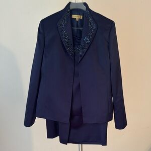 Kasper Navy Blue 3 piece suit with Embroidered Details